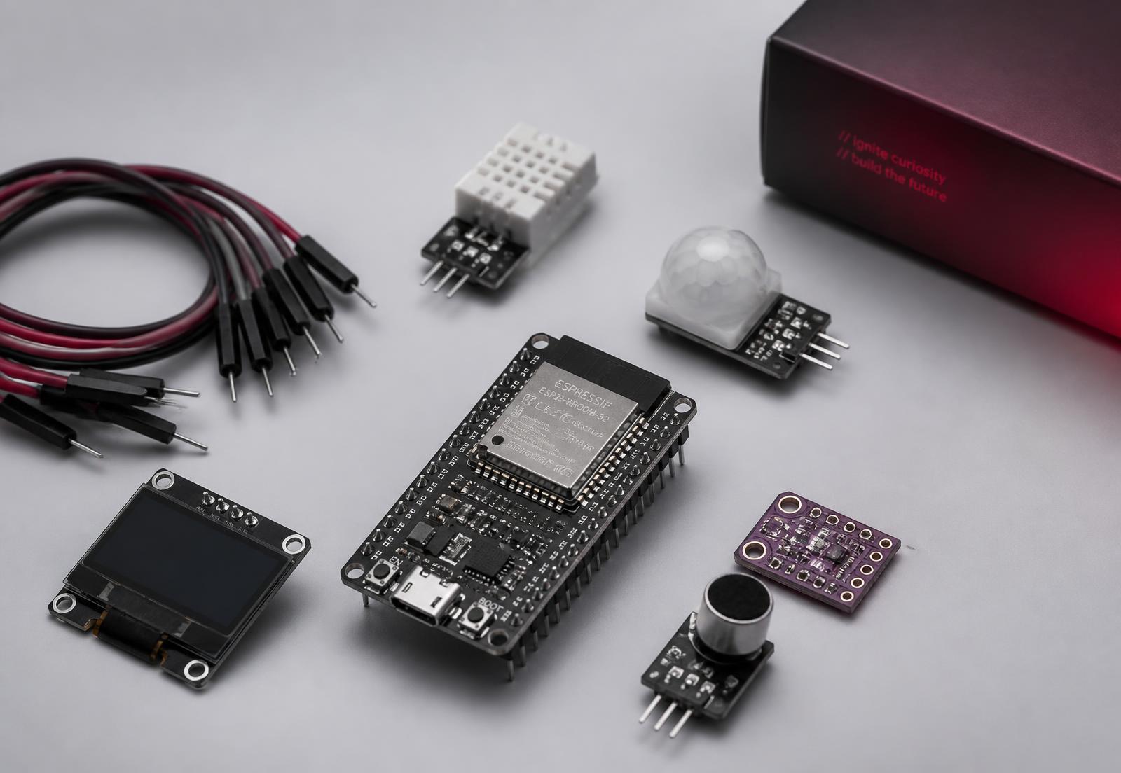 Electronics components arranged in a studio setting